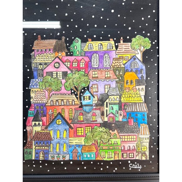 Colorful Hand-Drawn Village Art In Black Frame By Craig - Picture 2 of 3